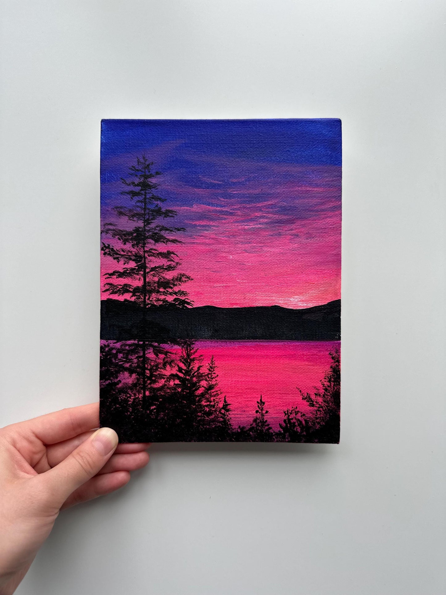 Neon Pink Dusk Lake – Original 6×8″ Acrylic Landscape Painting