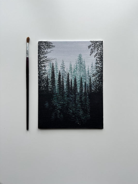 Misty Forest Layers – Original Acrylic Painting on Canvas Board 6”x8”
