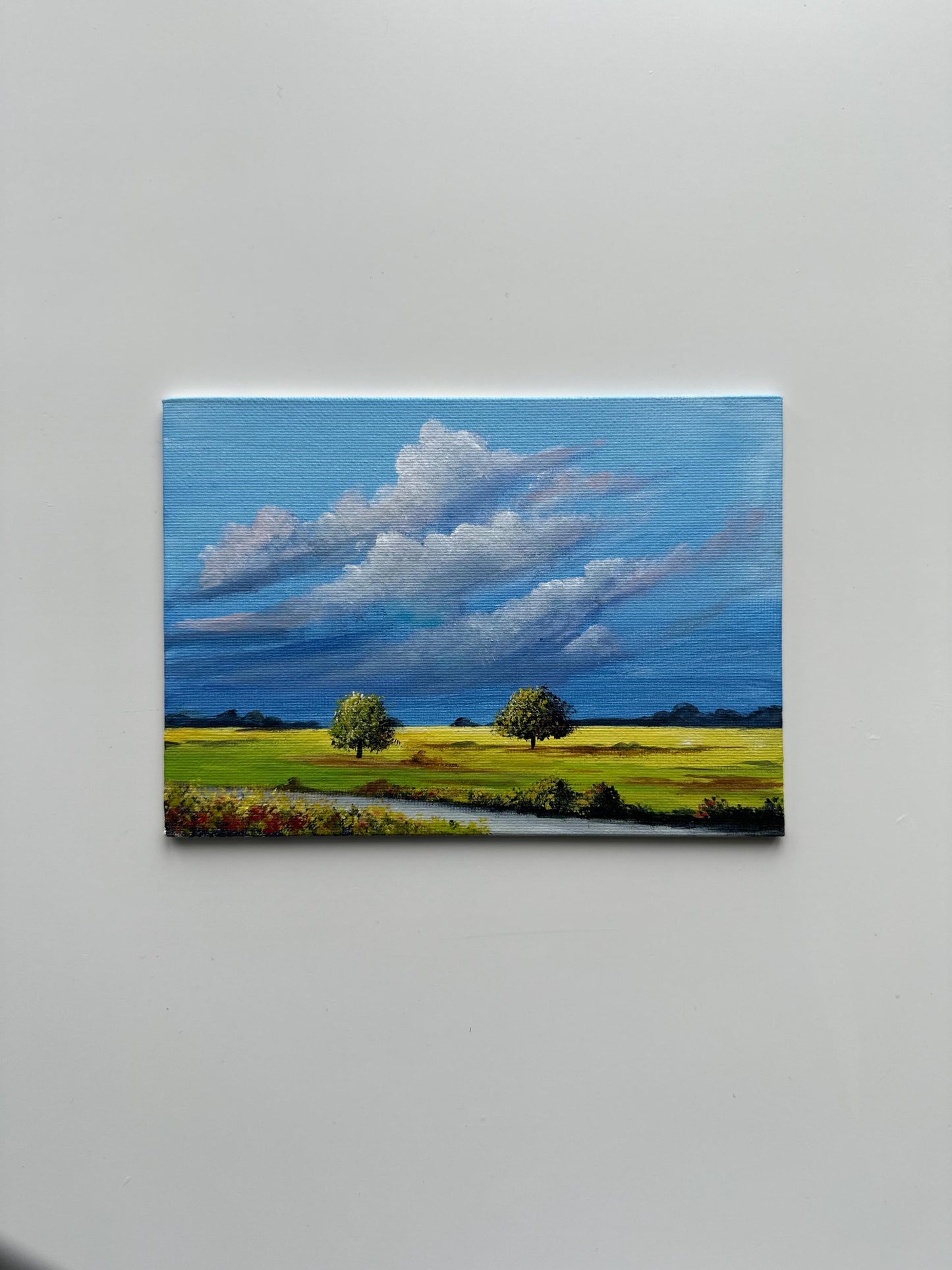 Golden Field Under a Summer Sky – Original Acrylic on Canvas Board 5”x7”