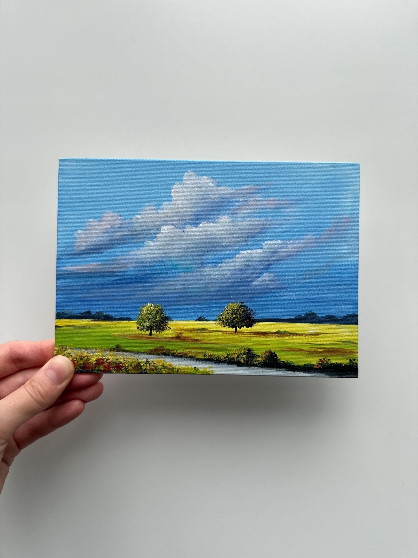 Golden Field Under a Summer Sky – Original Acrylic on Canvas Board 5”x7”