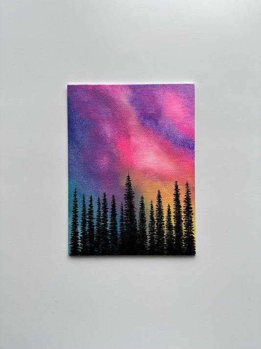 Northern Skies – Original Aurora Forest Painting on Canvas Board 6”x8”