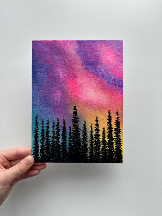 Northern Skies – Original Aurora Forest Painting on Canvas Board 6”x8”