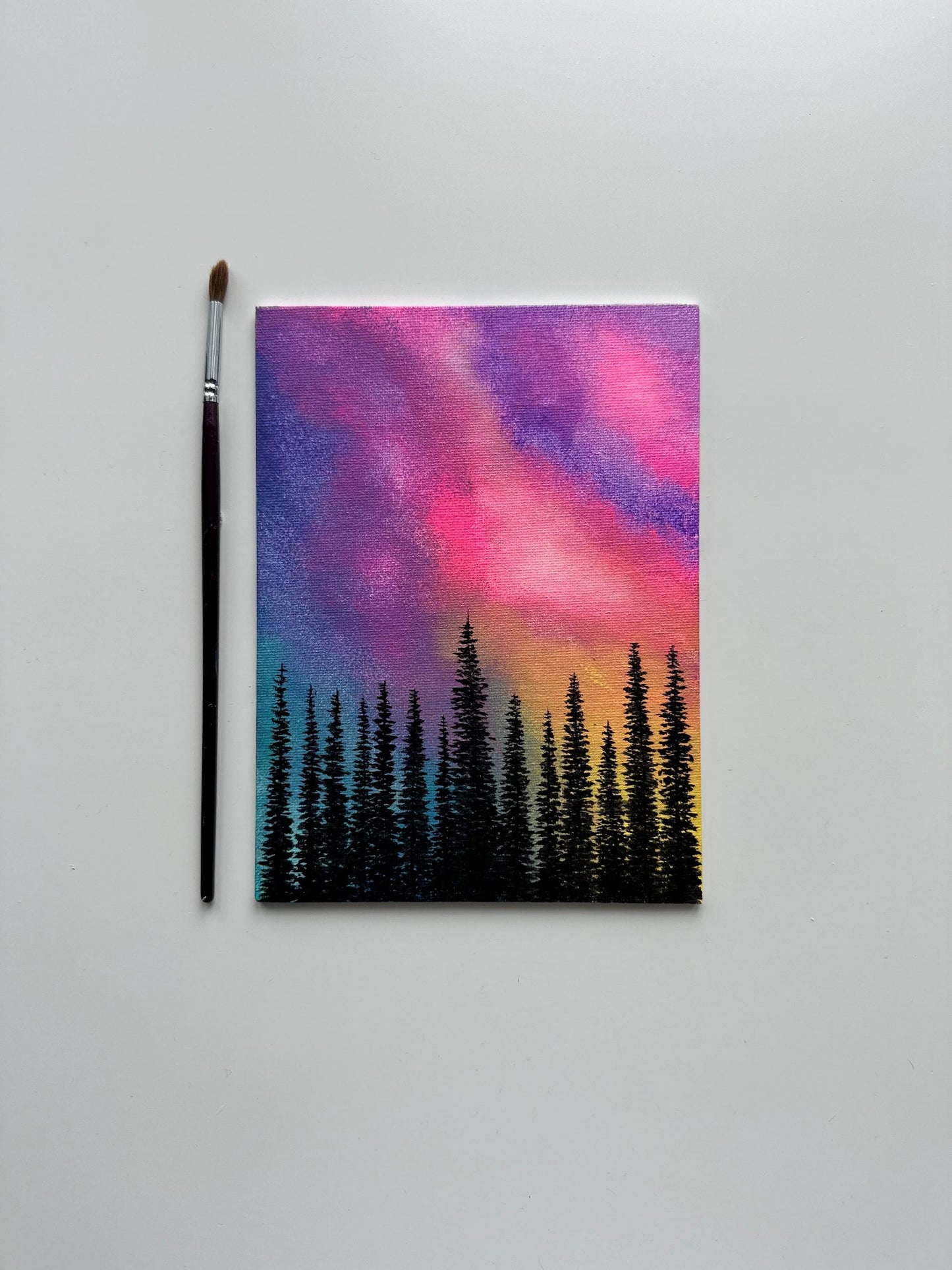 Northern Skies – Original Aurora Forest Painting on Canvas Board 6”x8”