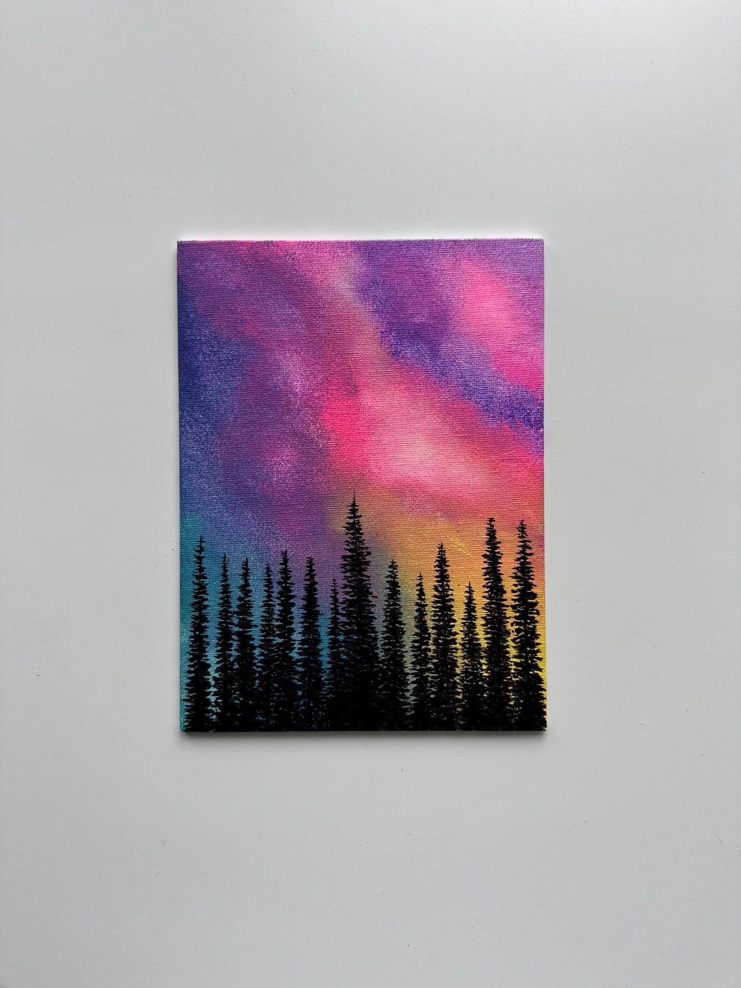 Northern Skies – Original Aurora Forest Painting on Canvas Board 6”x8”