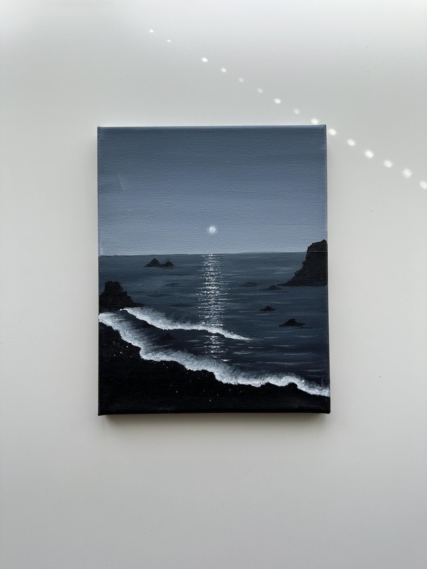 Moonlit Ocean Coast at Night – Original Acrylic Painting, 8×10 inch on Stretched Canvas