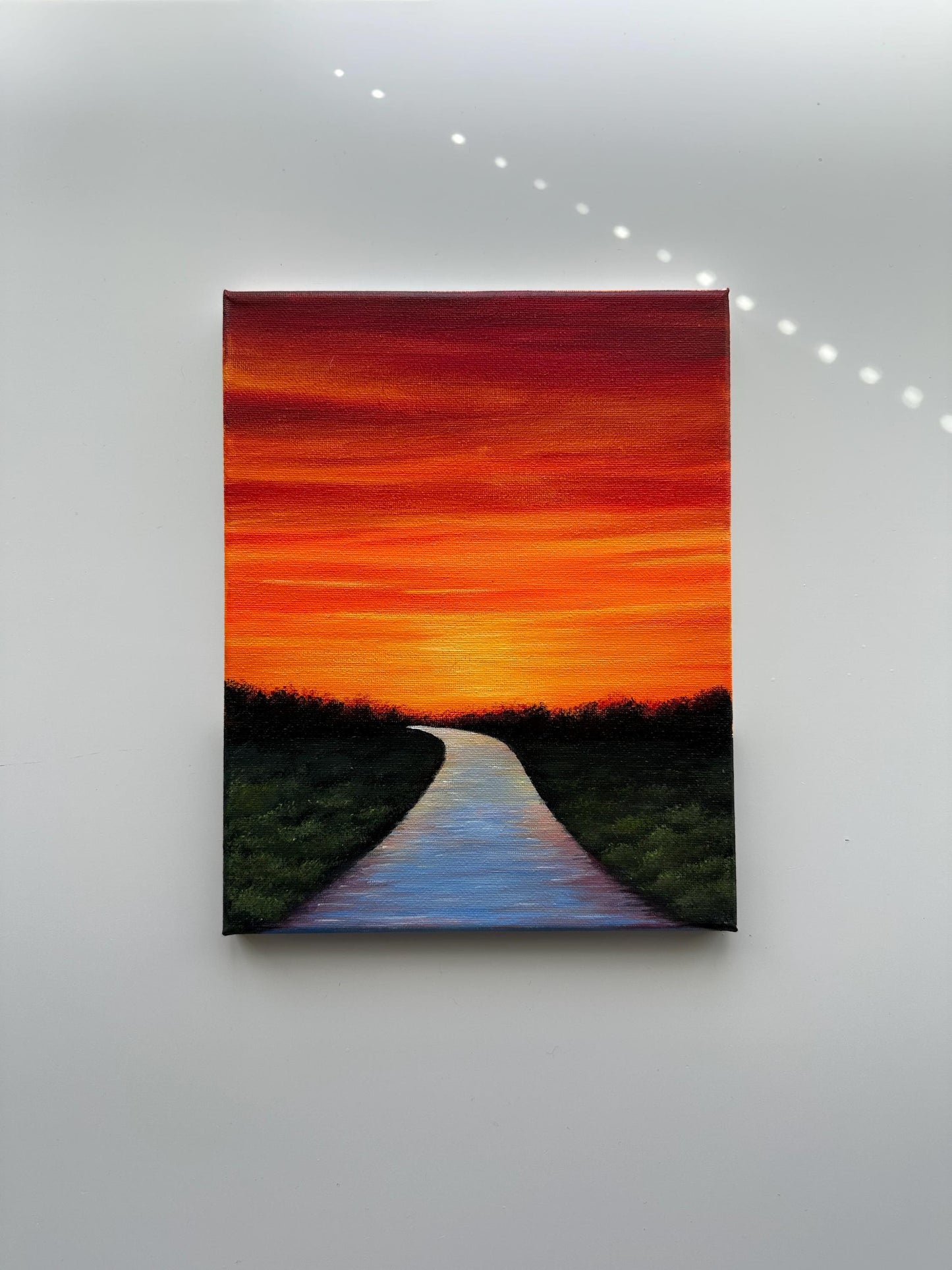 River Path at Glowing Sunset – Original Acrylic Painting, 8×10 inch on Canvas