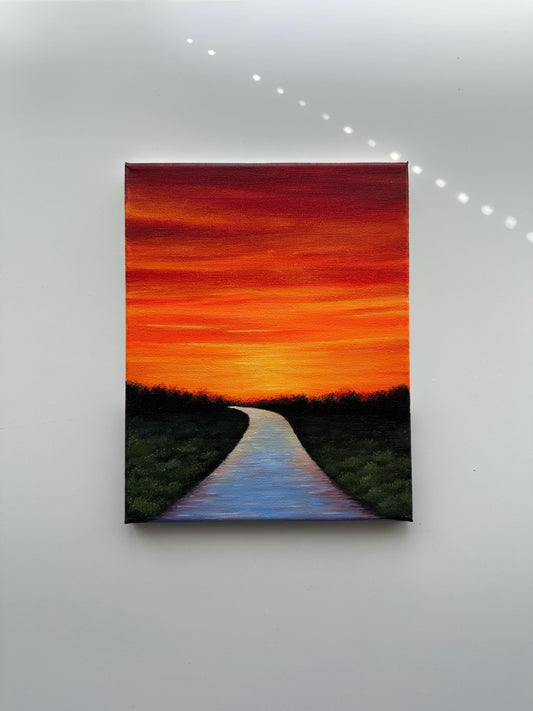 River Path at Glowing Sunset – Original Acrylic Painting, 8×10 inch on Canvas