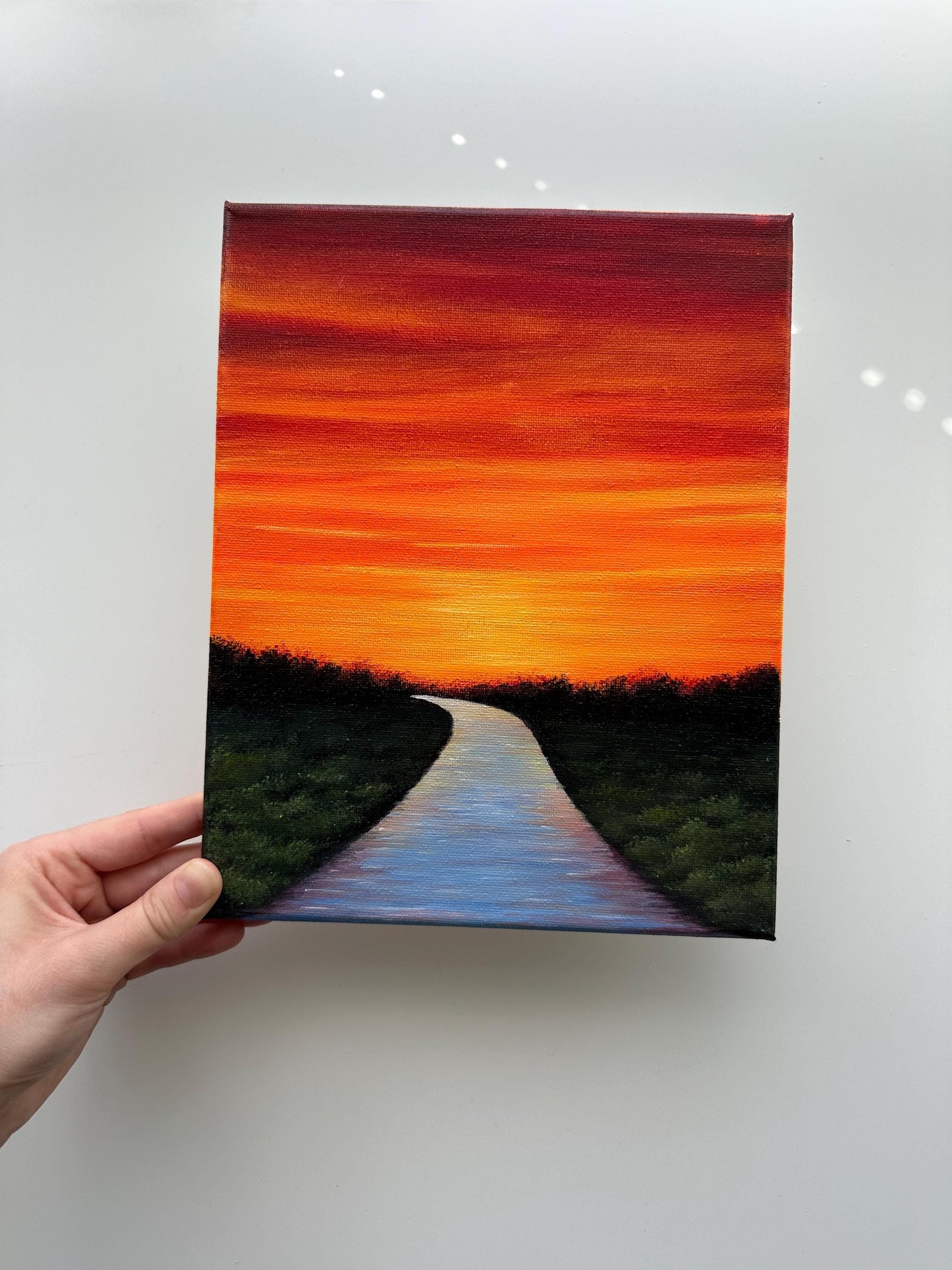 River Path at Glowing Sunset – Original Acrylic Painting, 8×10 inch on Canvas