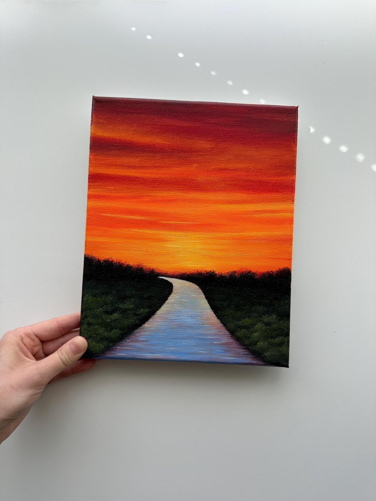 River Path at Glowing Sunset – Original Acrylic Painting, 8×10 inch on Canvas