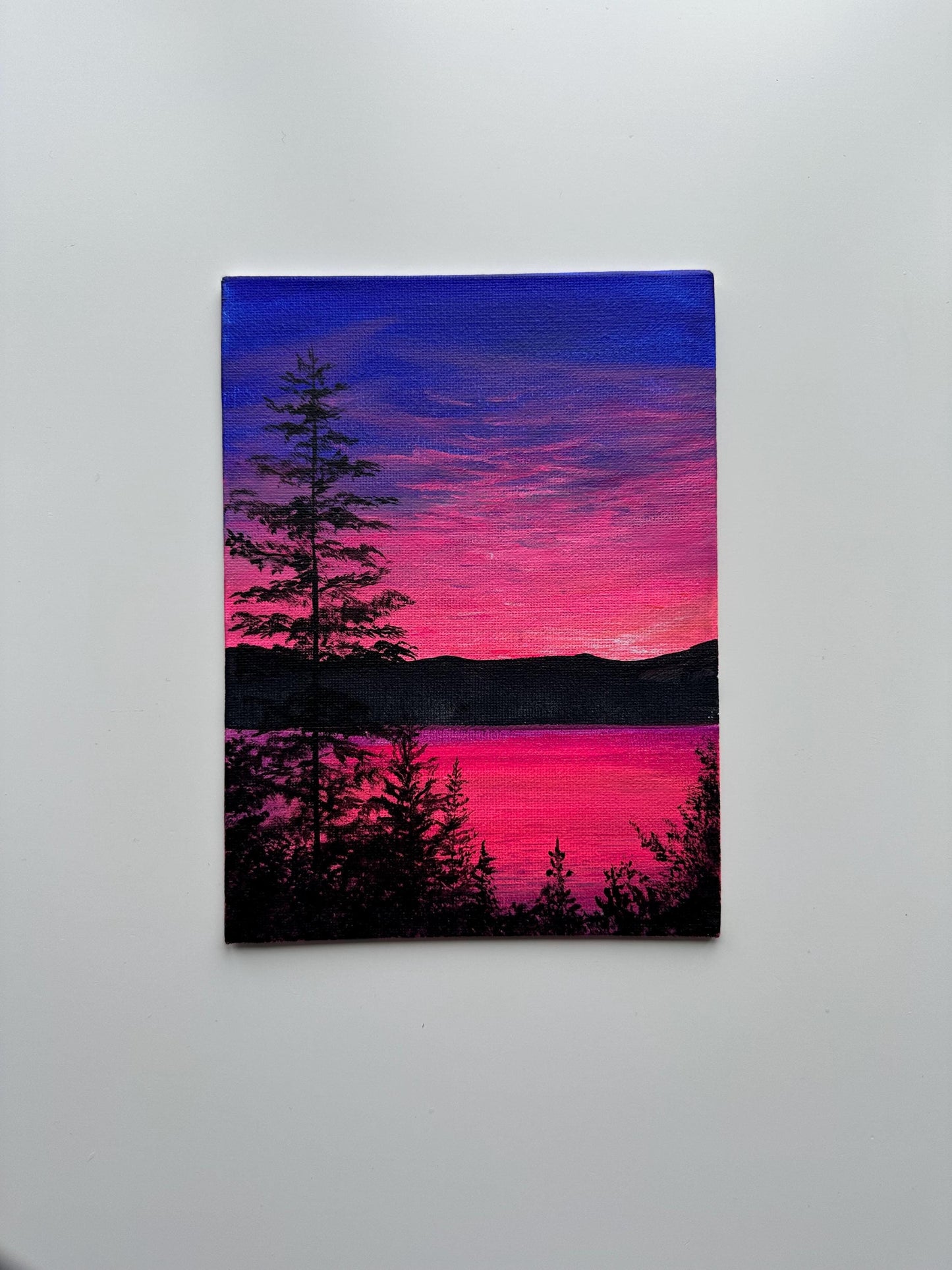 Neon Pink Dusk Lake – Original 6×8″ Acrylic Landscape Painting