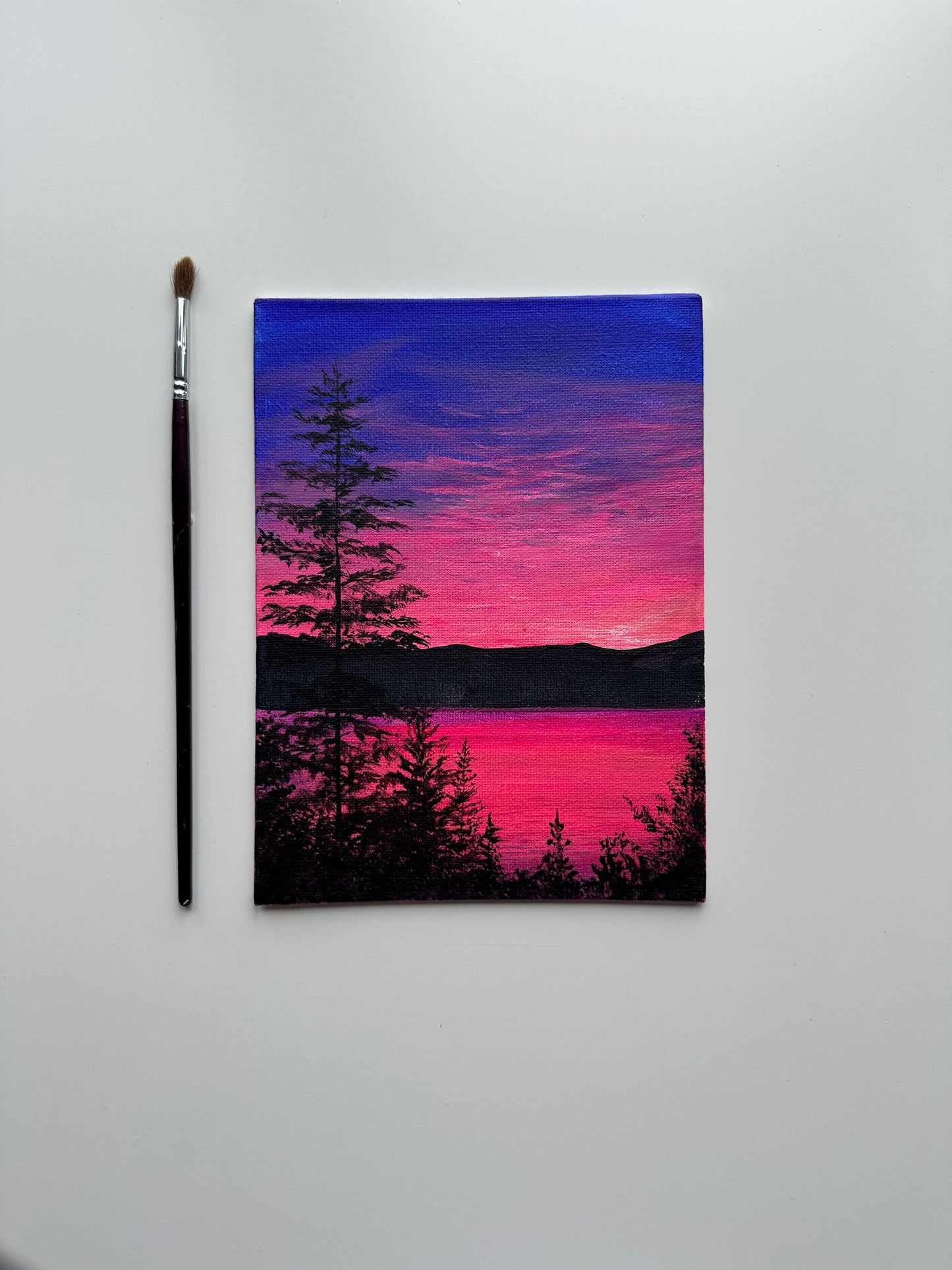 Neon Pink Dusk Lake – Original 6×8″ Acrylic Landscape Painting
