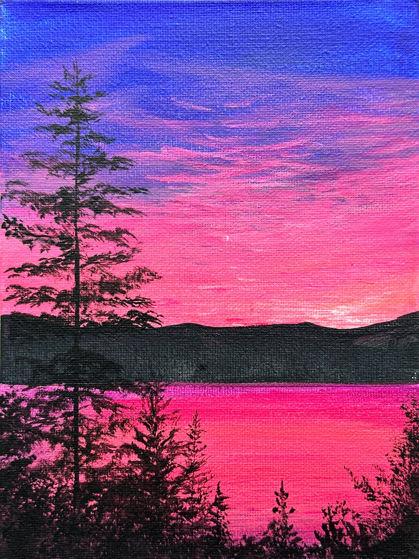 Neon Pink Dusk Lake – Original 6×8″ Acrylic Landscape Painting