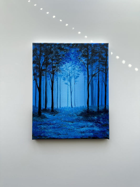 Mystic Blue Forest Glow – Original Acrylic Painting, 8×10 inch on Canvas