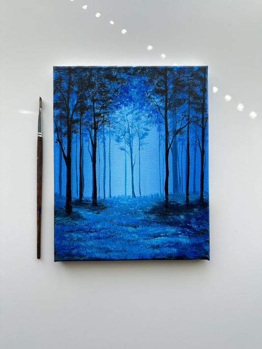 Mystic Blue Forest Glow – Original Acrylic Painting, 8×10 inch on Canvas