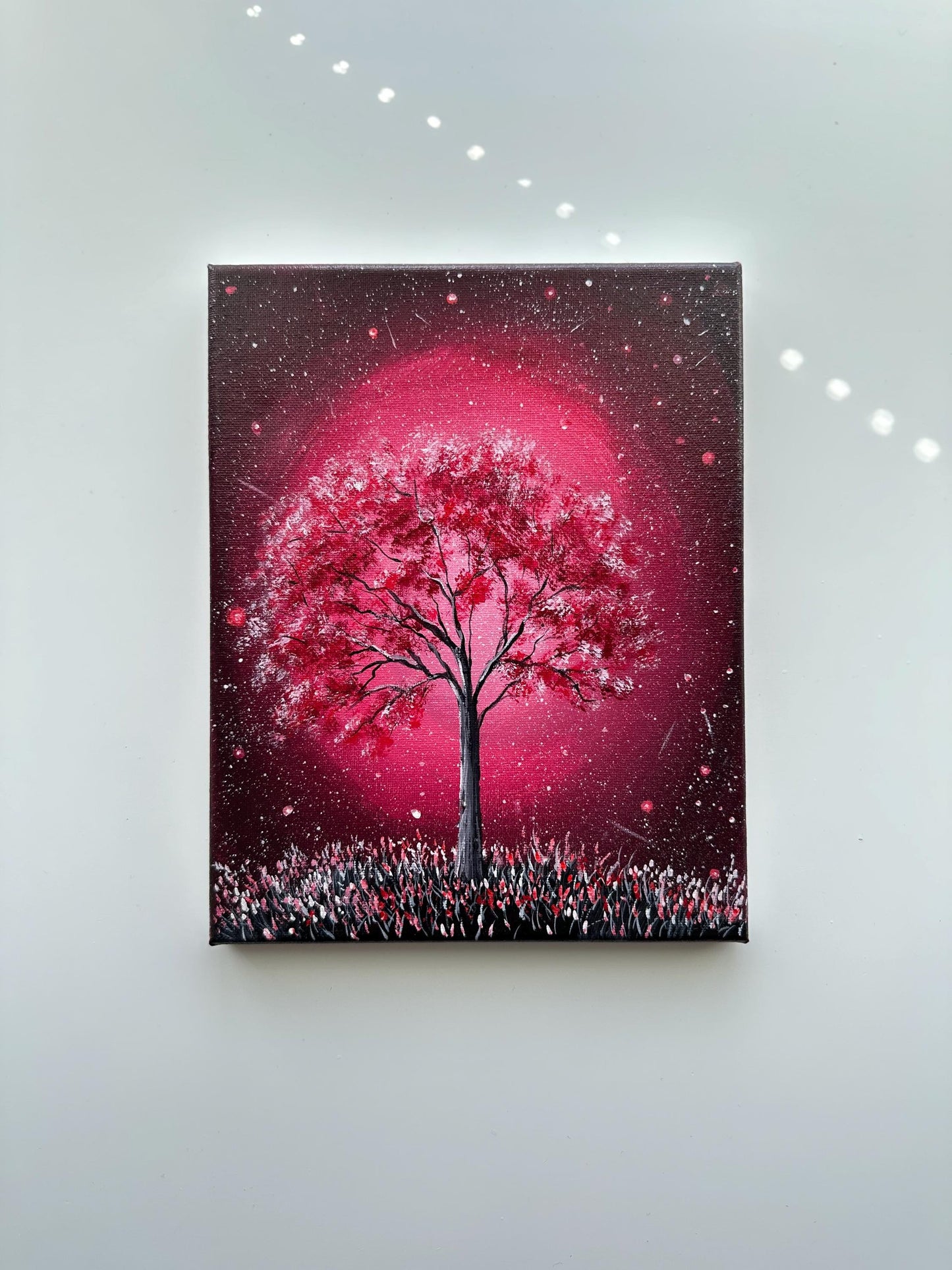 Crimson Tree Under a Starlit Sky – Original Acrylic Painting, 8×10 inch on Canvas
