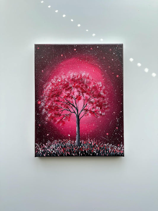 Crimson Tree Under a Starlit Sky – Original Acrylic Painting, 8×10 inch on Canvas