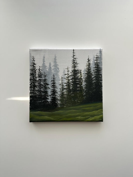 Misty Pine Forest Hills – Original Acrylic Painting, 8×8 inch on Canvas