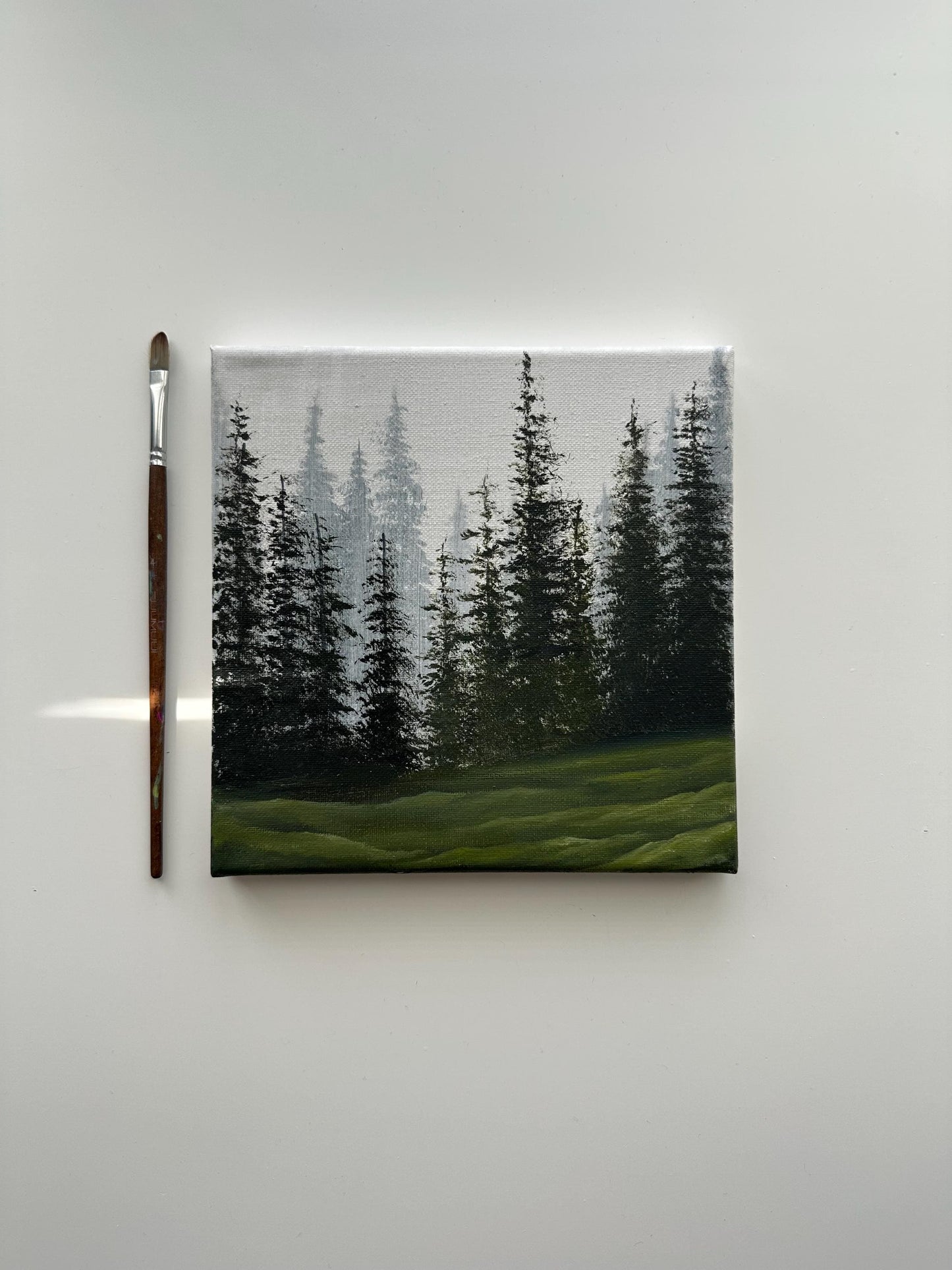 Misty Pine Forest Hills – Original Acrylic Painting, 8×8 inch on Canvas
