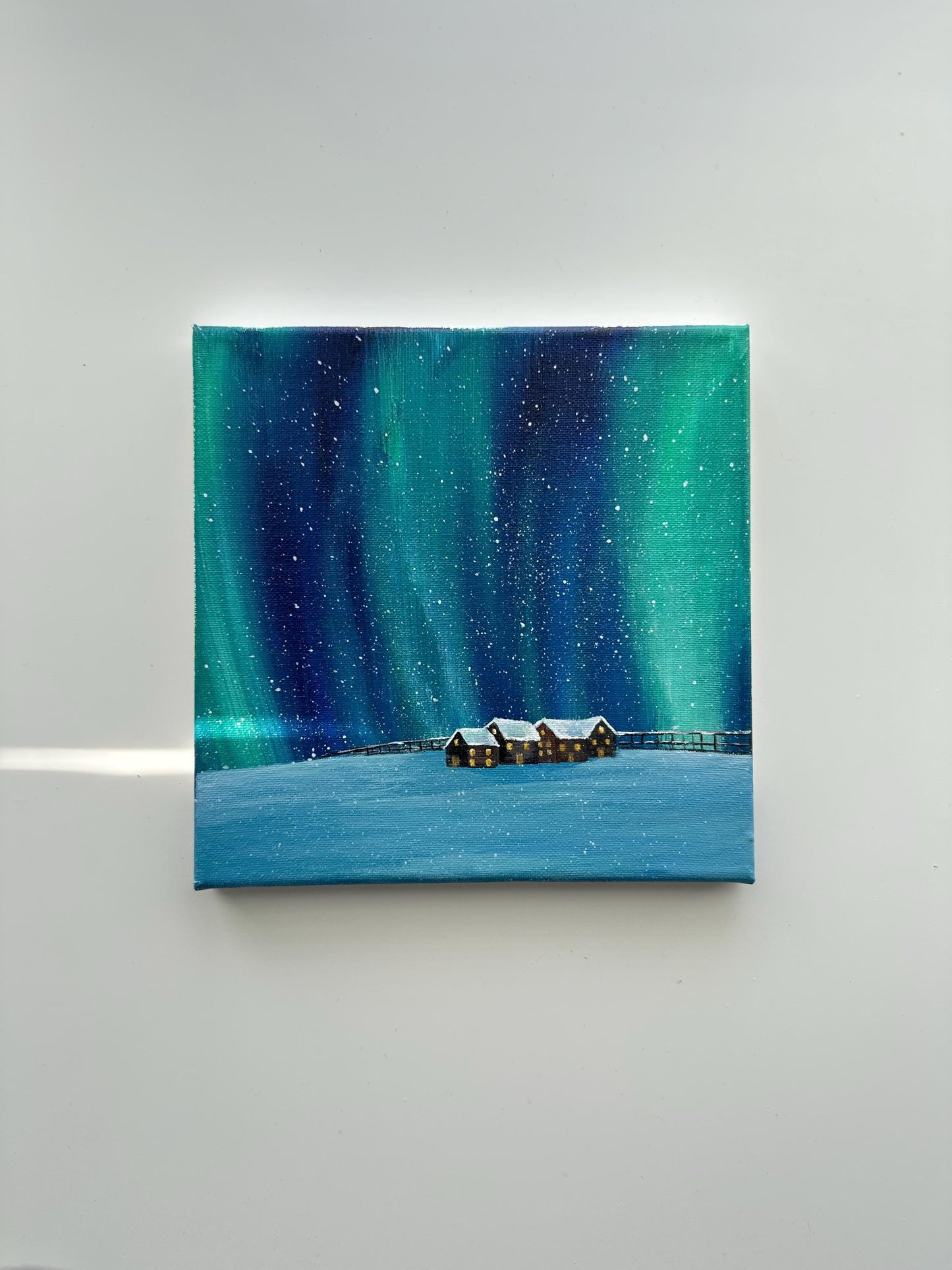 Northern Lights Winter Cabins – Original Acrylic Painting, 8×8 inch on Canvas