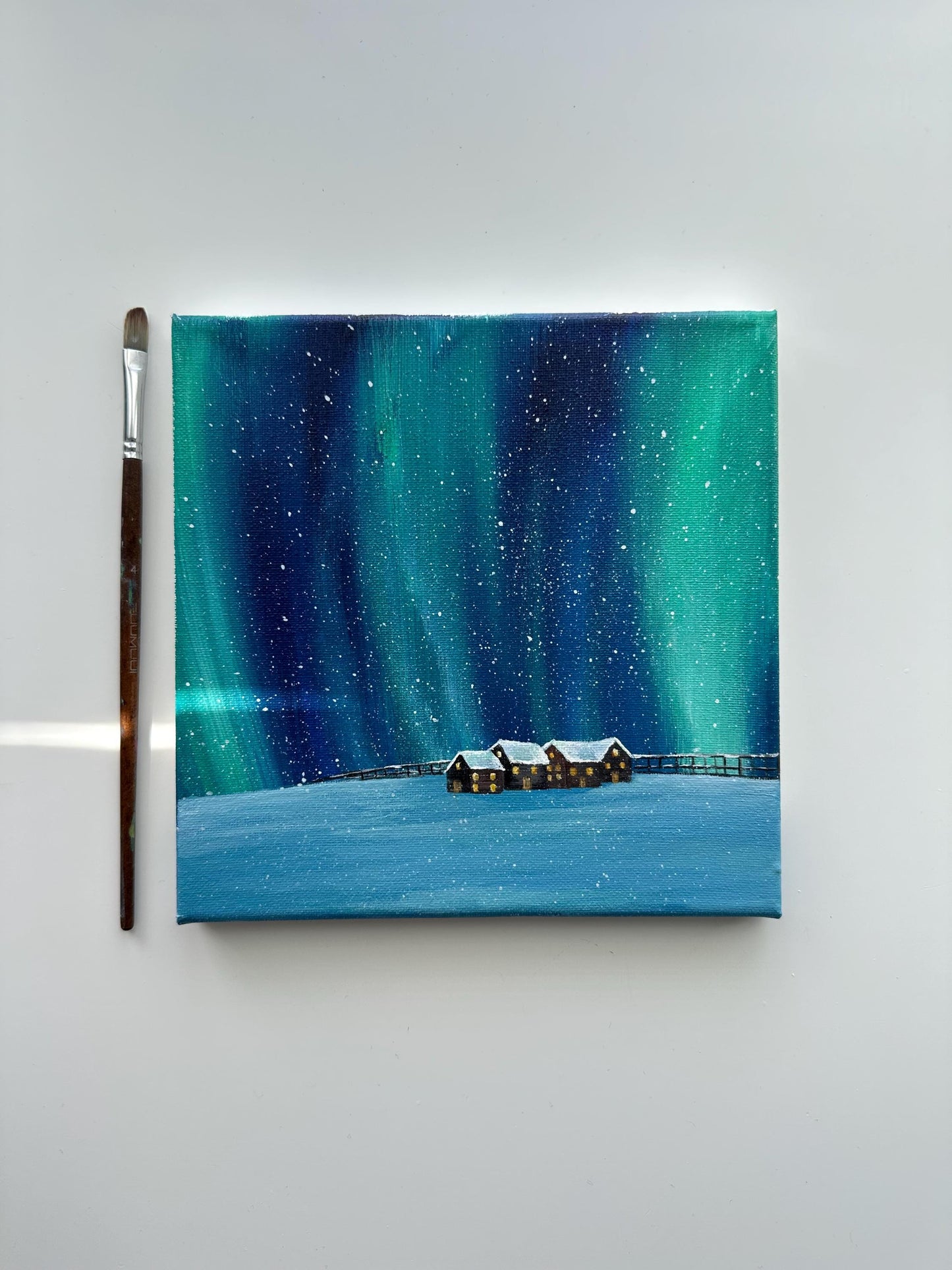 Northern Lights Winter Cabins – Original Acrylic Painting, 8×8 inch on Canvas