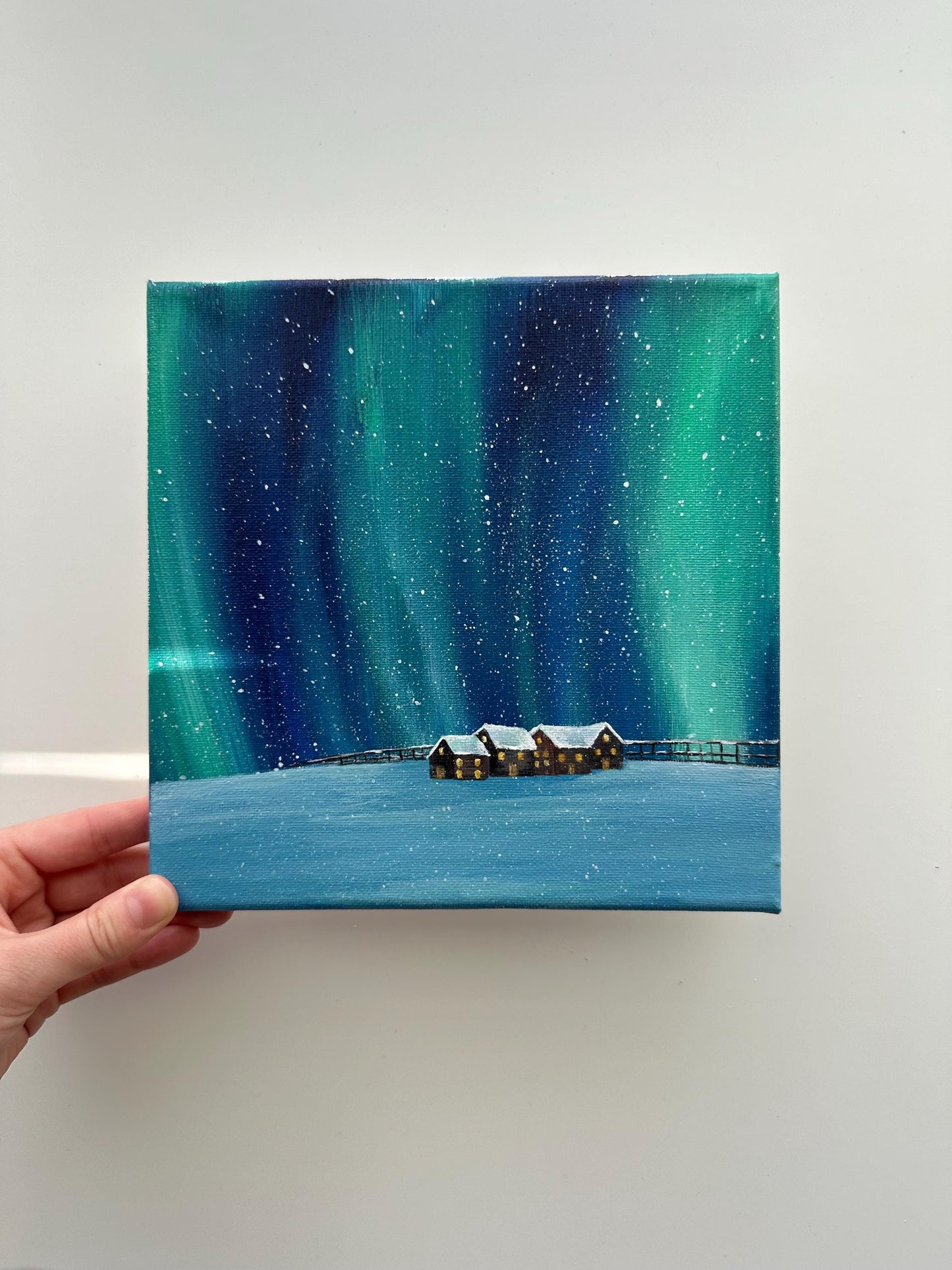 Northern Lights Winter Cabins – Original Acrylic Painting, 8×8 inch on Canvas