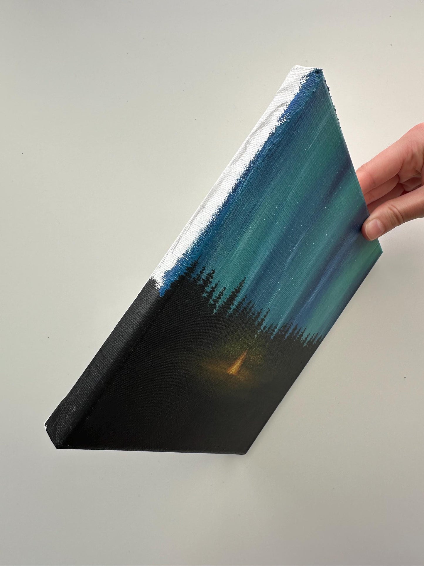 Aurora Campfire Night – Original Acrylic Painting, 8×8 inch on Canvas