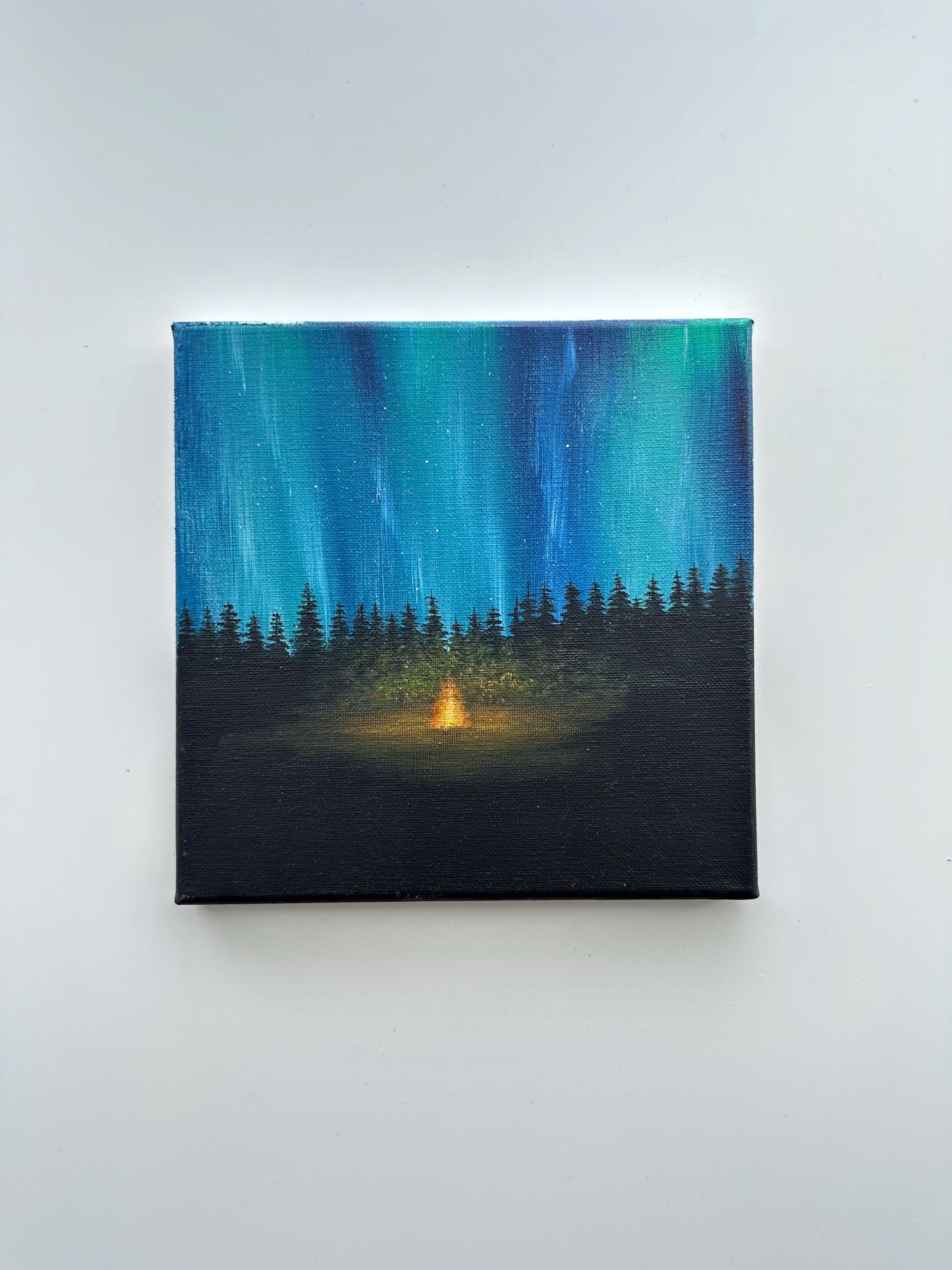 Aurora Campfire Night – Original Acrylic Painting, 8×8 inch on Canvas