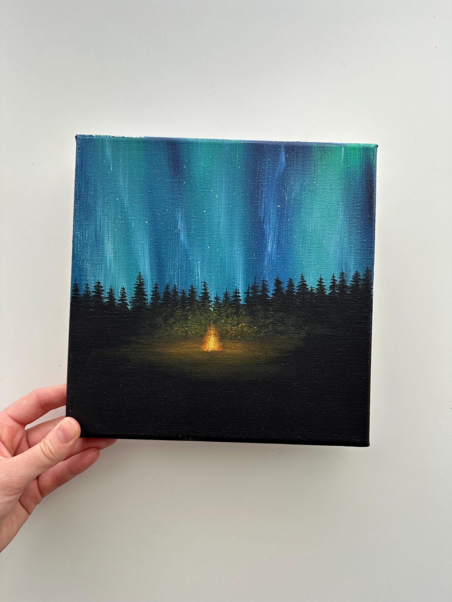 Aurora Campfire Night – Original Acrylic Painting, 8×8 inch on Canvas
