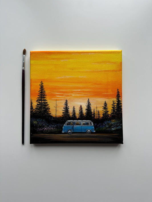 Sunset Road Trip Van in Pine Forest – Original Acrylic Painting, 8×8 inch on Canvas