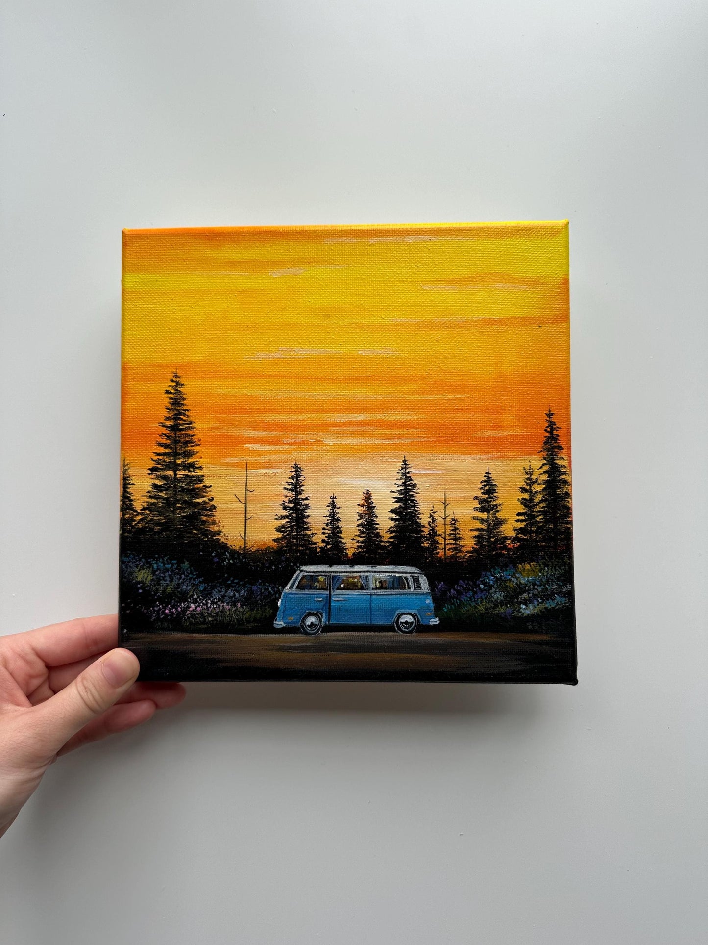 Sunset Road Trip Van in Pine Forest – Original Acrylic Painting, 8×8 inch on Canvas