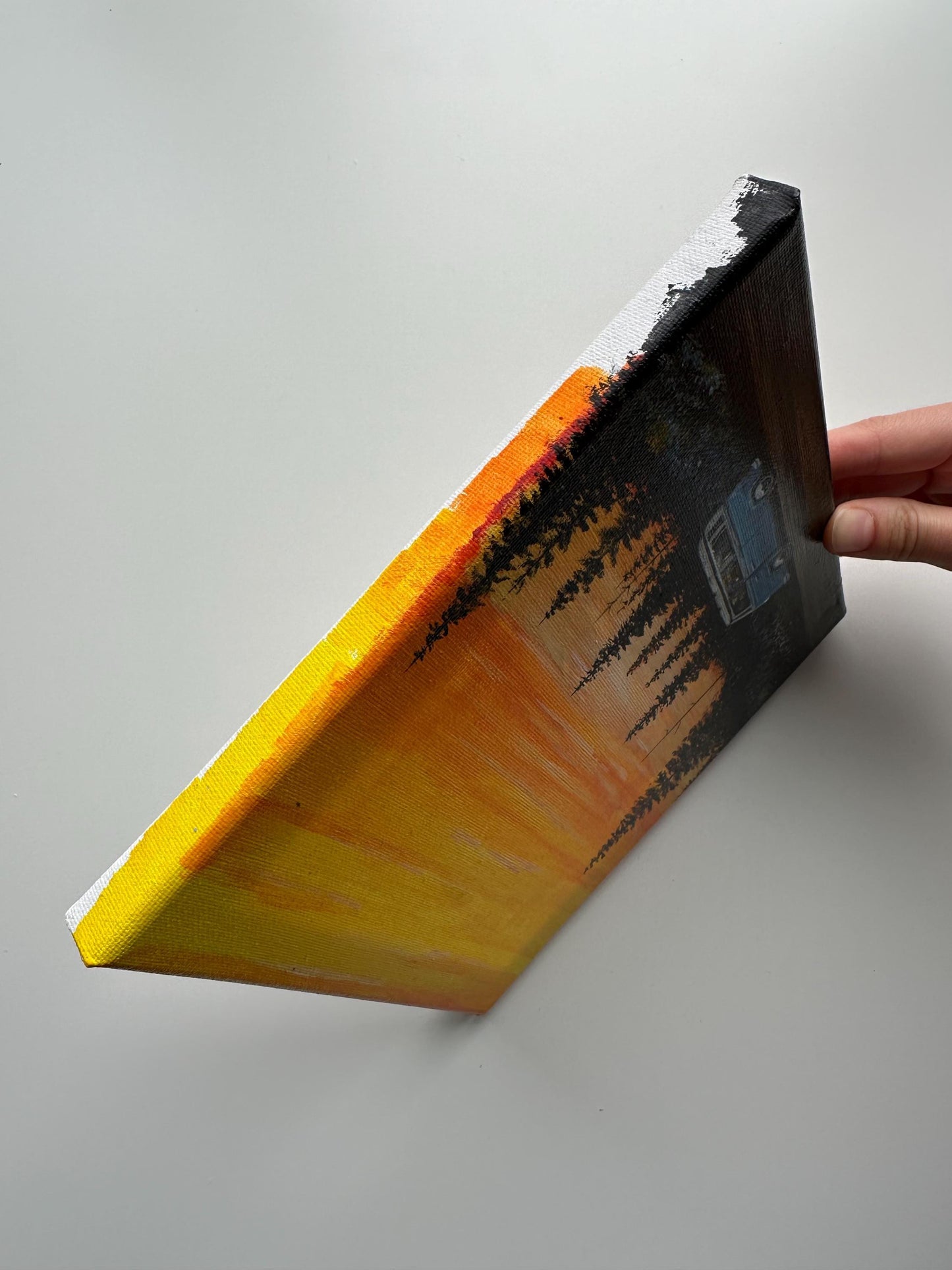 Sunset Road Trip Van in Pine Forest – Original Acrylic Painting, 8×8 inch on Canvas