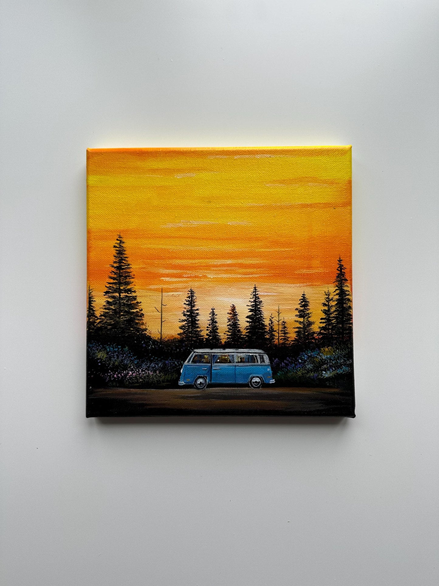 Sunset Road Trip Van in Pine Forest – Original Acrylic Painting, 8×8 inch on Canvas