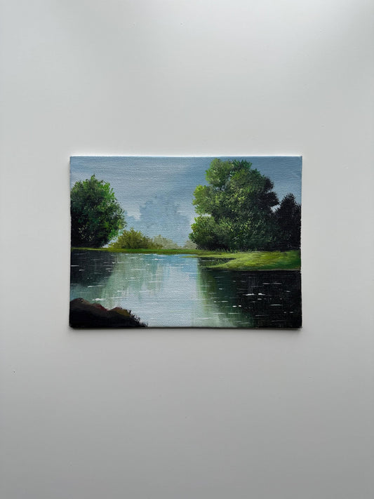 Still River with Trees – Original Acrylic Painting, 6×8 inch on Canvas Board