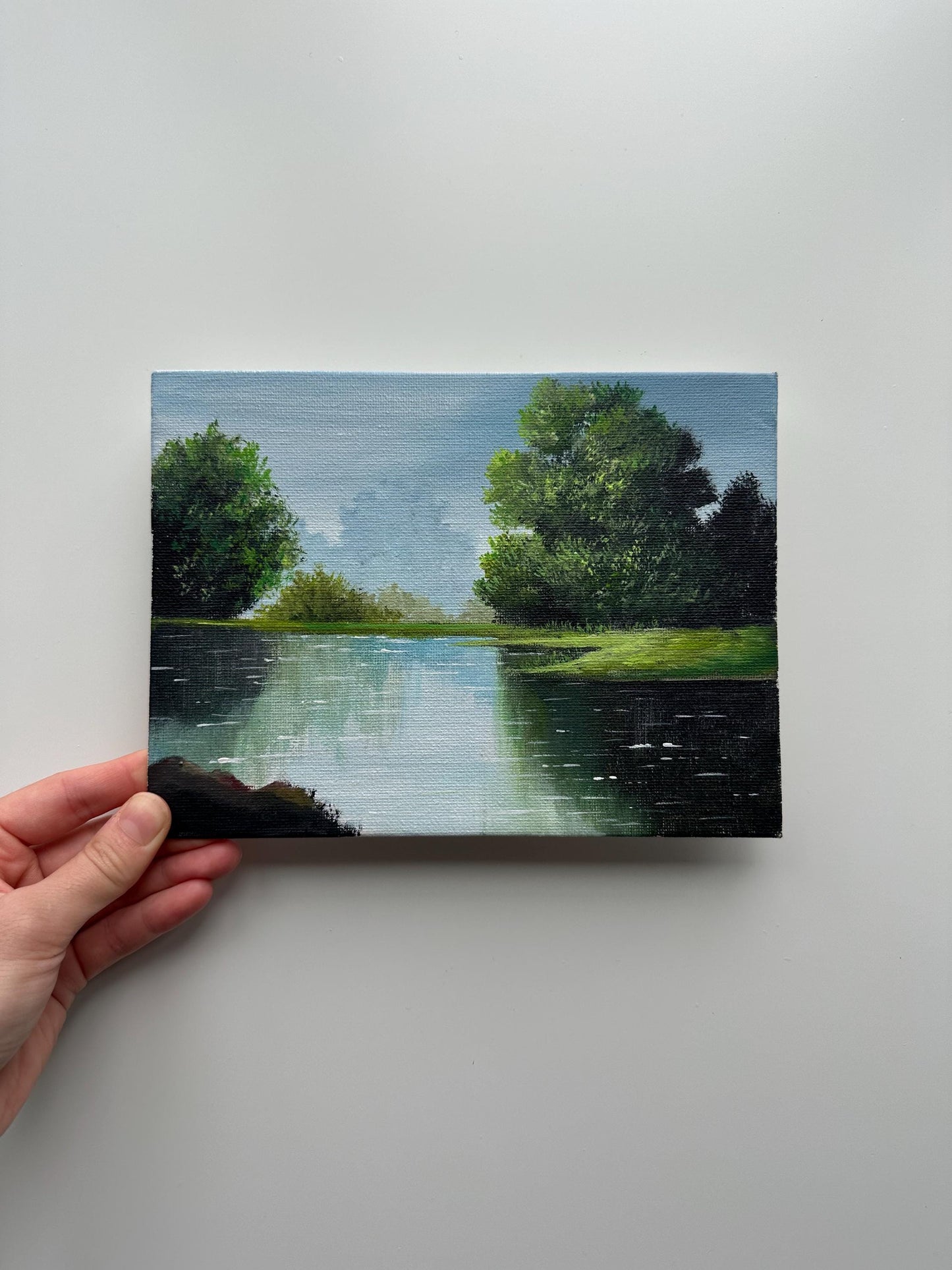 Still River with Trees – Original Acrylic Painting, 6×8 inch on Canvas Board