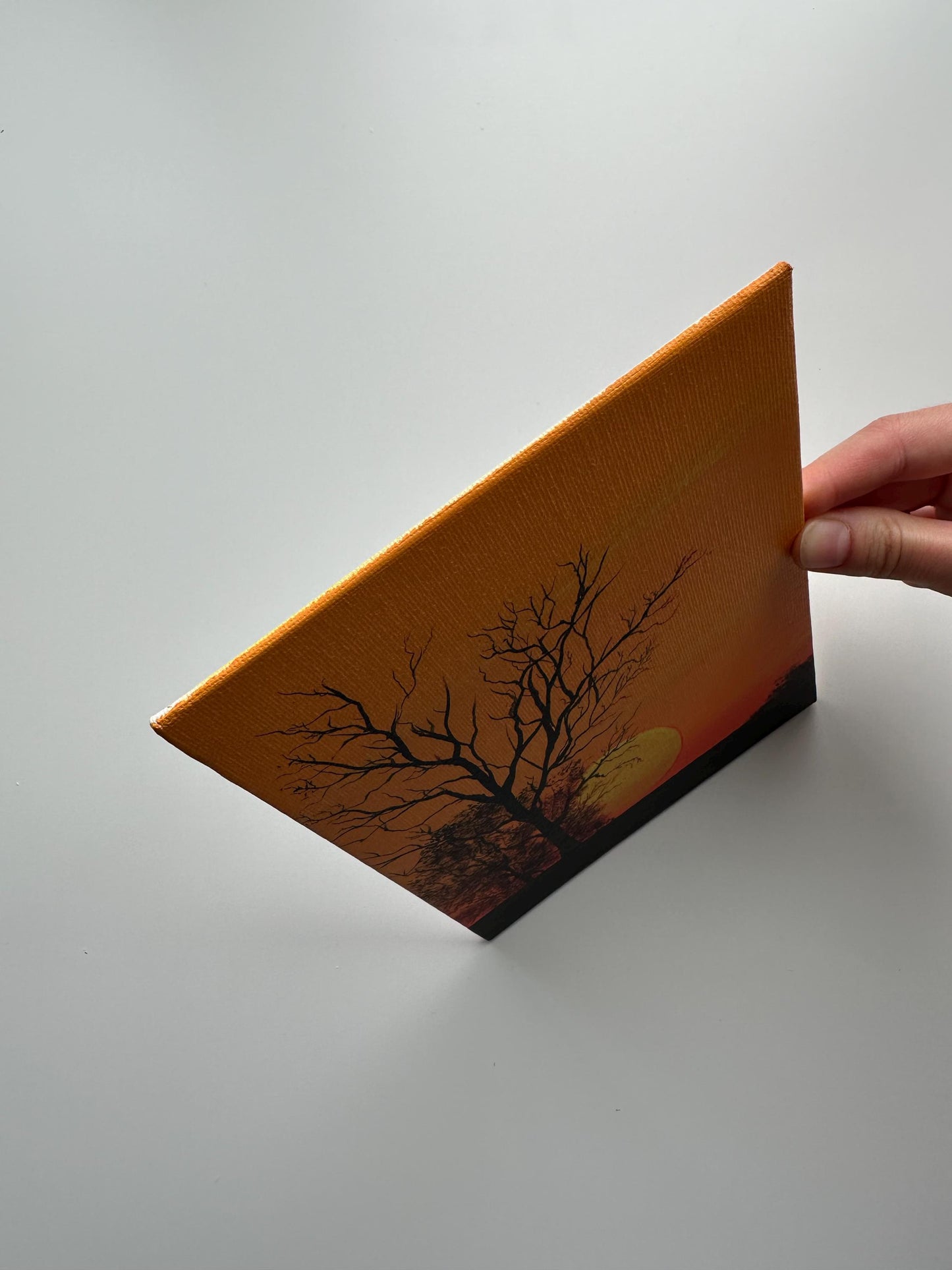 Golden Sunset with Silhouetted Trees – Original Acrylic Painting, 6×8 inch on Canvas Board