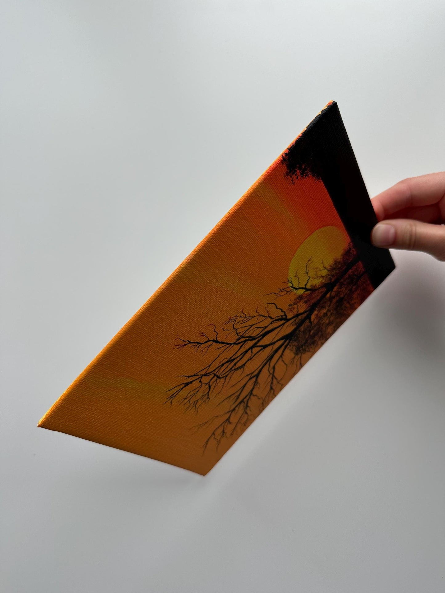 Golden Sunset with Silhouetted Trees – Original Acrylic Painting, 6×8 inch on Canvas Board