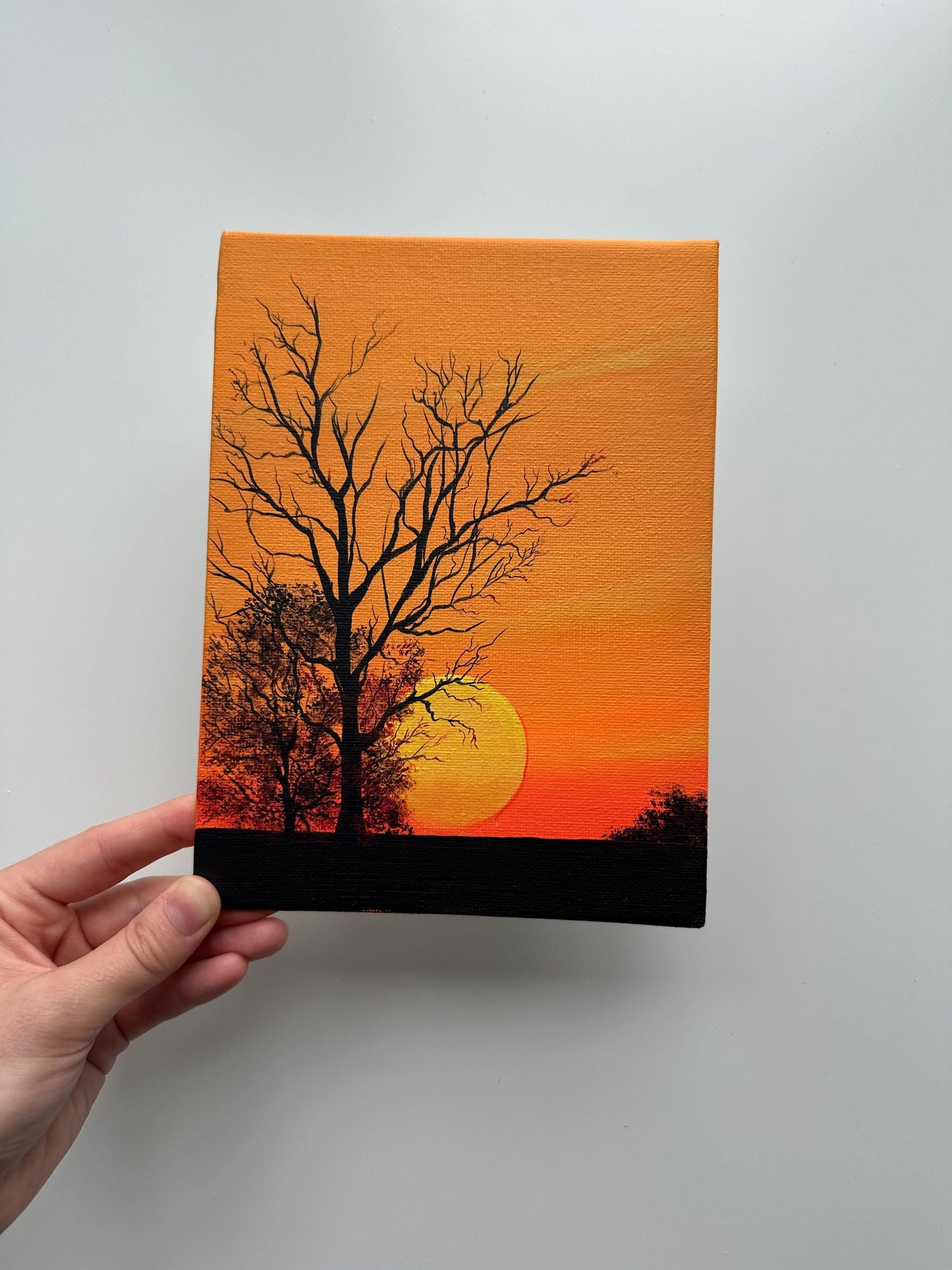 Golden Sunset with Silhouetted Trees – Original Acrylic Painting, 6×8 inch on Canvas Board