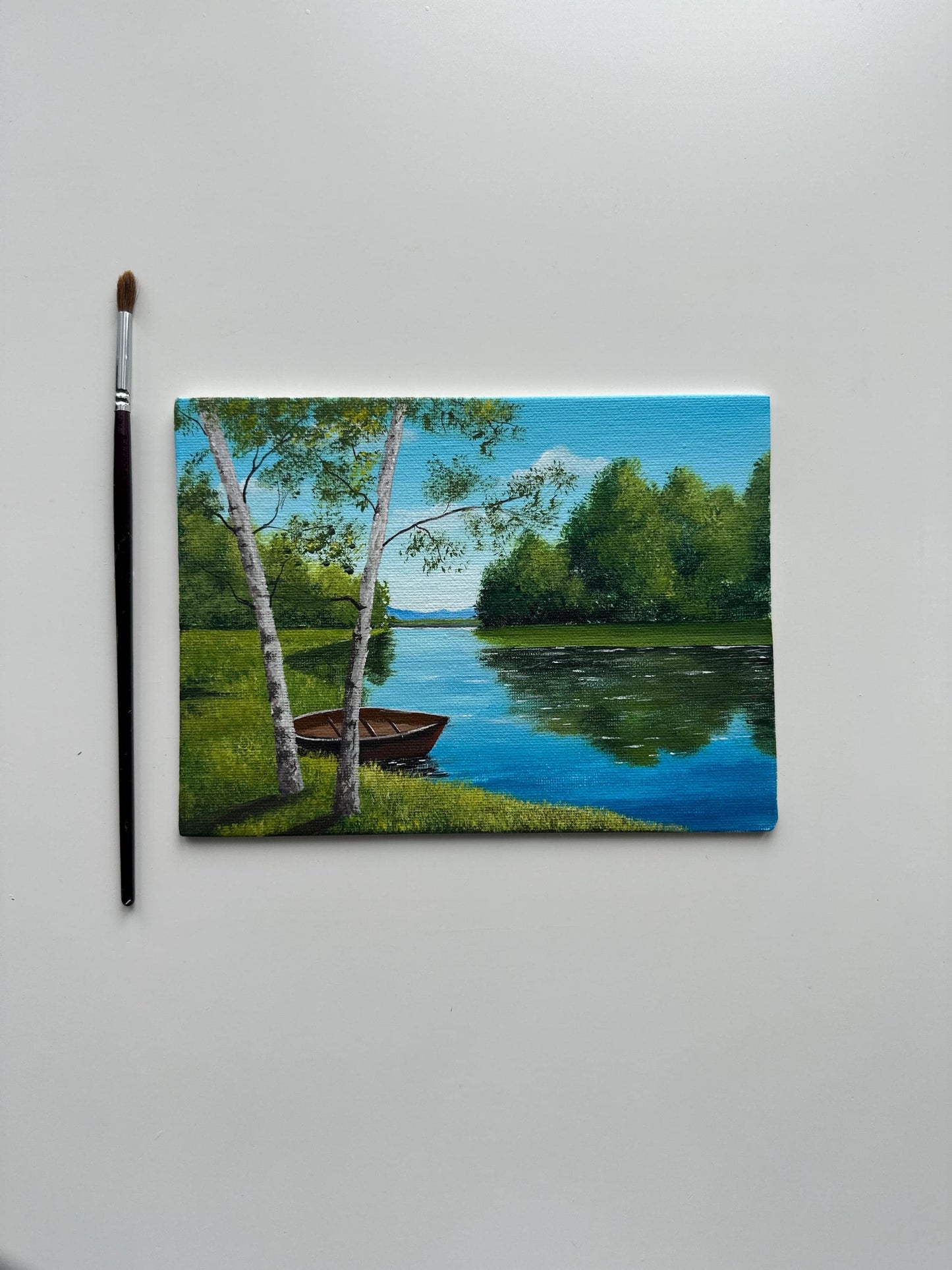 Rowboat by a Summer River – Original Acrylic Painting, 6×8 inch on Canvas Board
