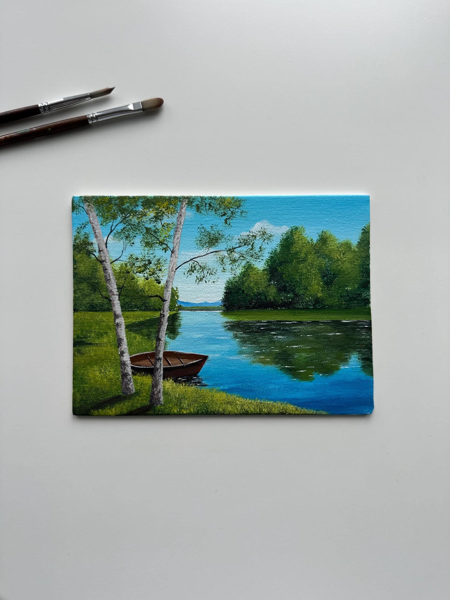 Rowboat by a Summer River – Original Acrylic Painting, 6×8 inch on Canvas Board