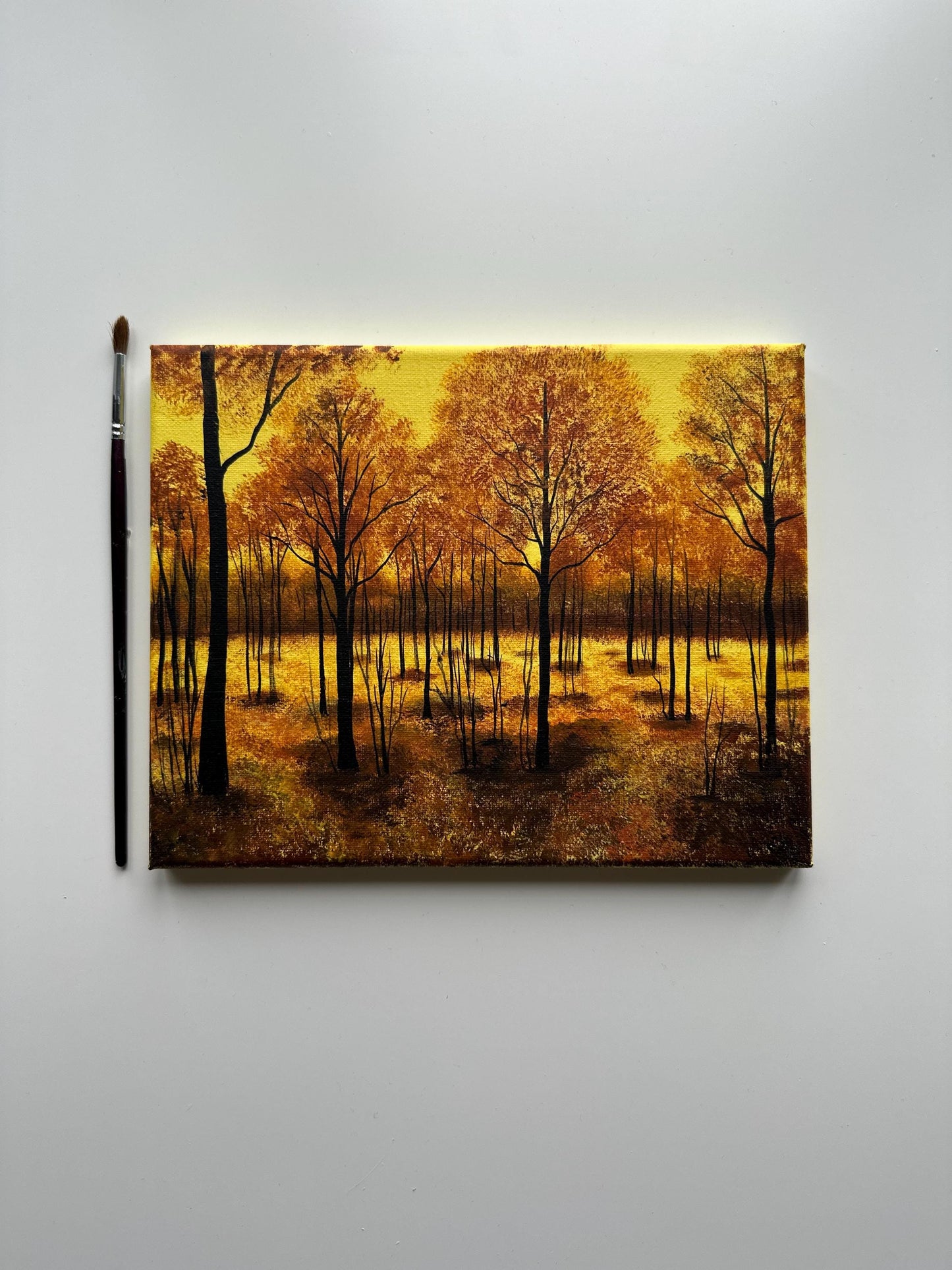 Golden Autumn Forest Glow – Original Acrylic Painting, 10×8 inch on Canvas