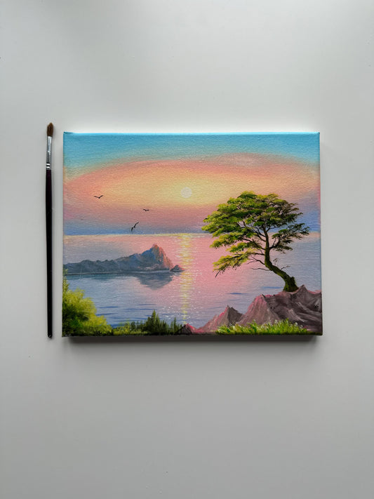 Pastel Sunset Over Quiet Ocean – Original Acrylic Painting, 10×8 inch on Canvas