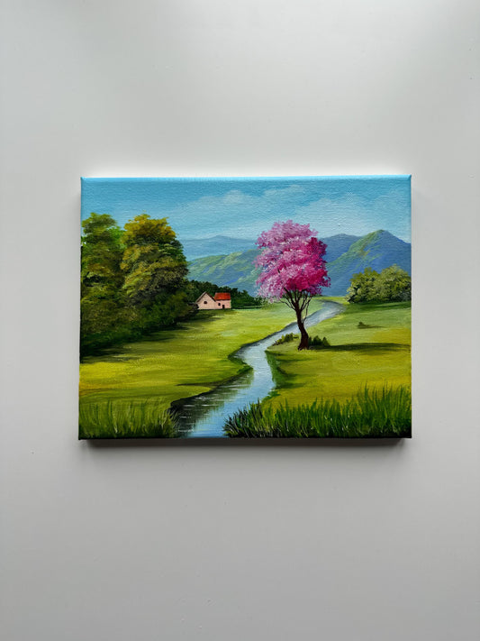 Spring Valley with Pink Tree – Original Acrylic Painting, 10×8 inch on Canvas