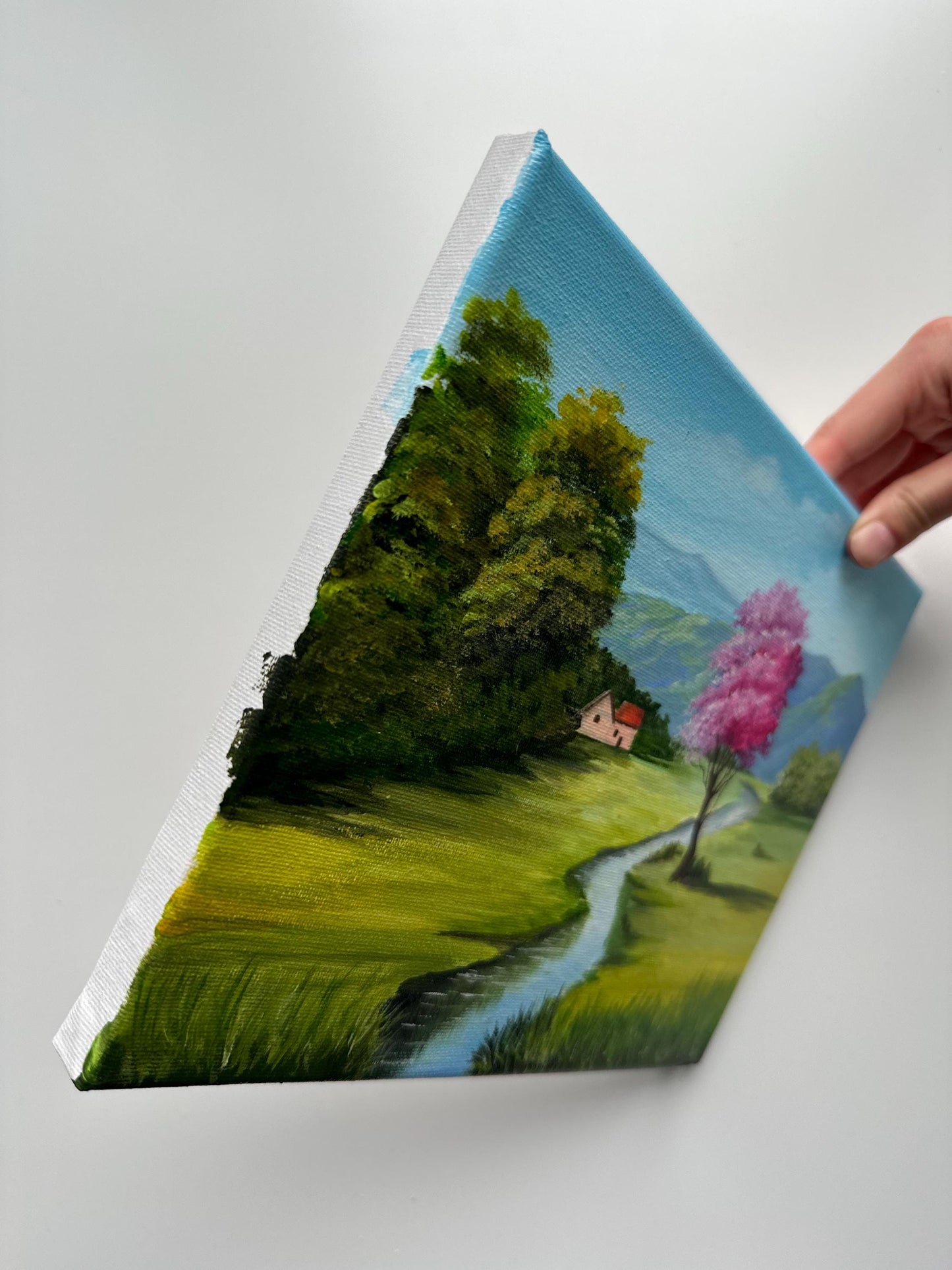 Spring Valley with Pink Tree – Original Acrylic Painting, 10×8 inch on Canvas