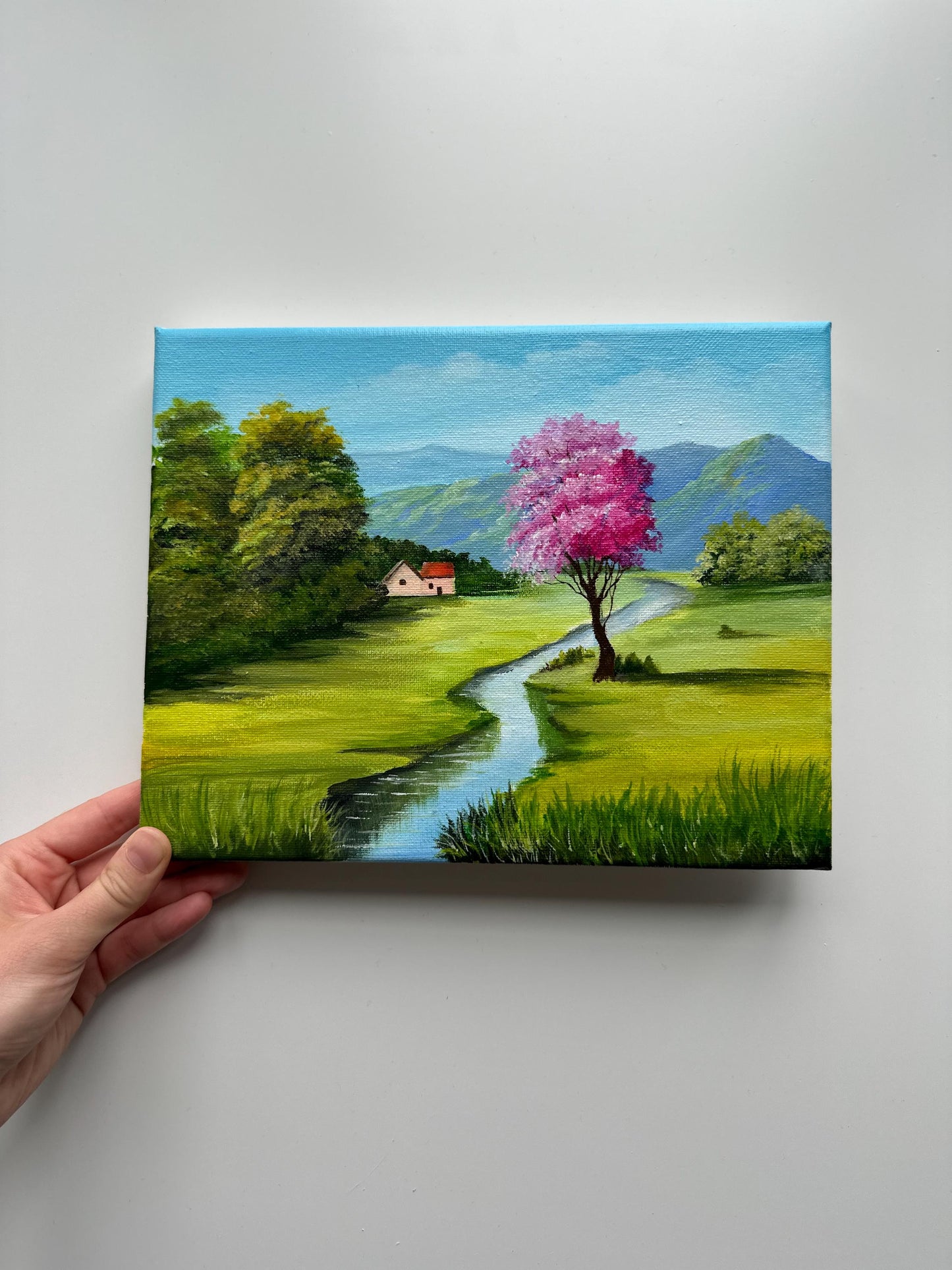Spring Valley with Pink Tree – Original Acrylic Painting, 10×8 inch on Canvas