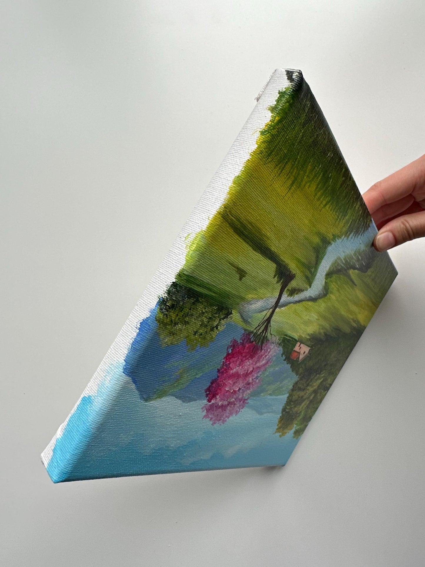 Spring Valley with Pink Tree – Original Acrylic Painting, 10×8 inch on Canvas