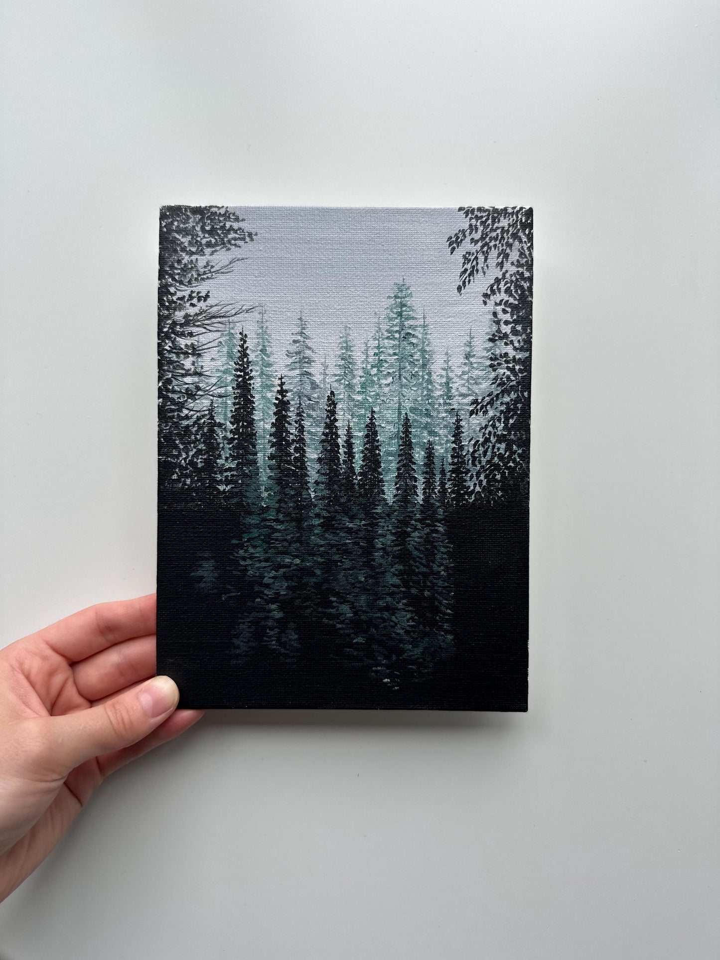 Misty Forest Layers – Original Acrylic Painting on Canvas Board 6”x8”