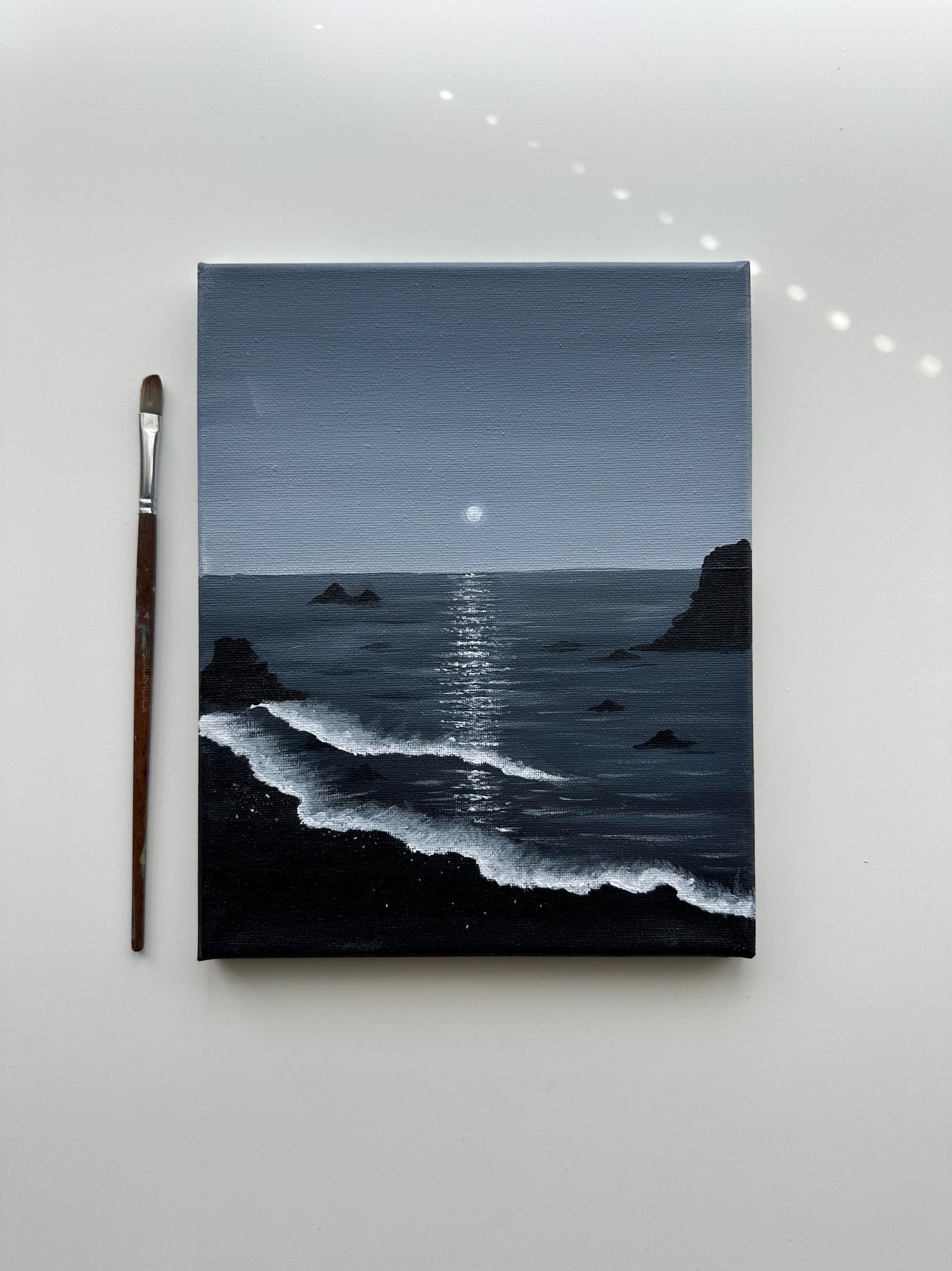 Moonlit Ocean Coast at Night – Original Acrylic Painting, 8×10 inch on Stretched Canvas