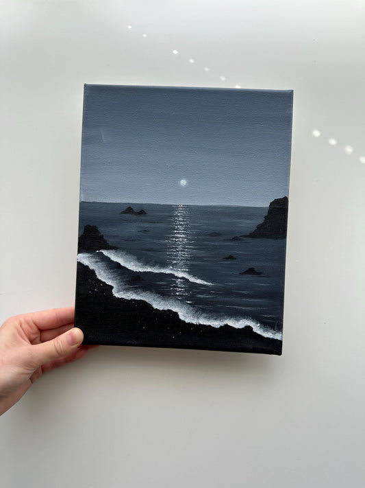 Moonlit Ocean Coast at Night – Original Acrylic Painting, 8×10 inch on Stretched Canvas
