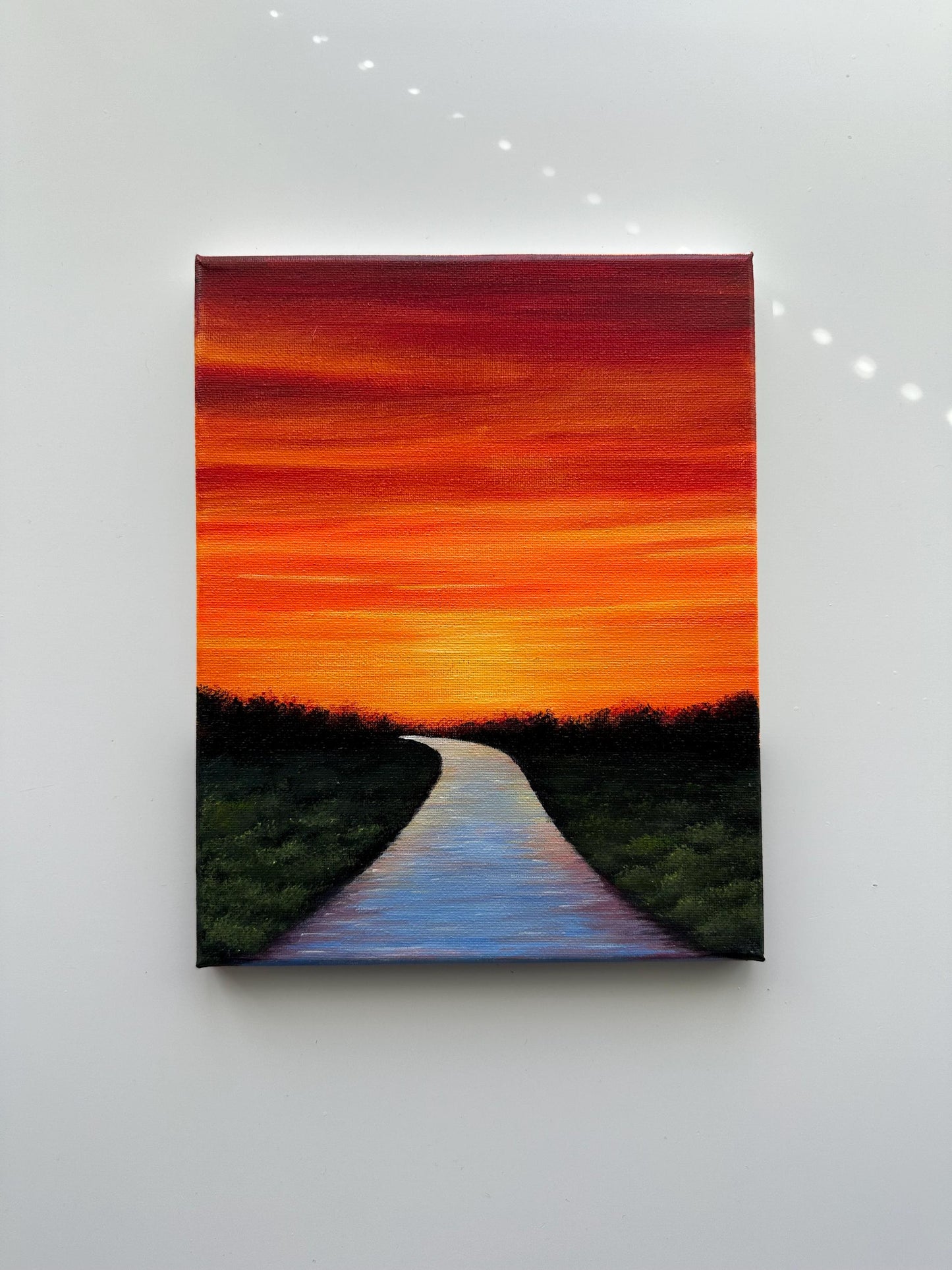 River Path at Glowing Sunset – Original Acrylic Painting, 8×10 inch on Canvas