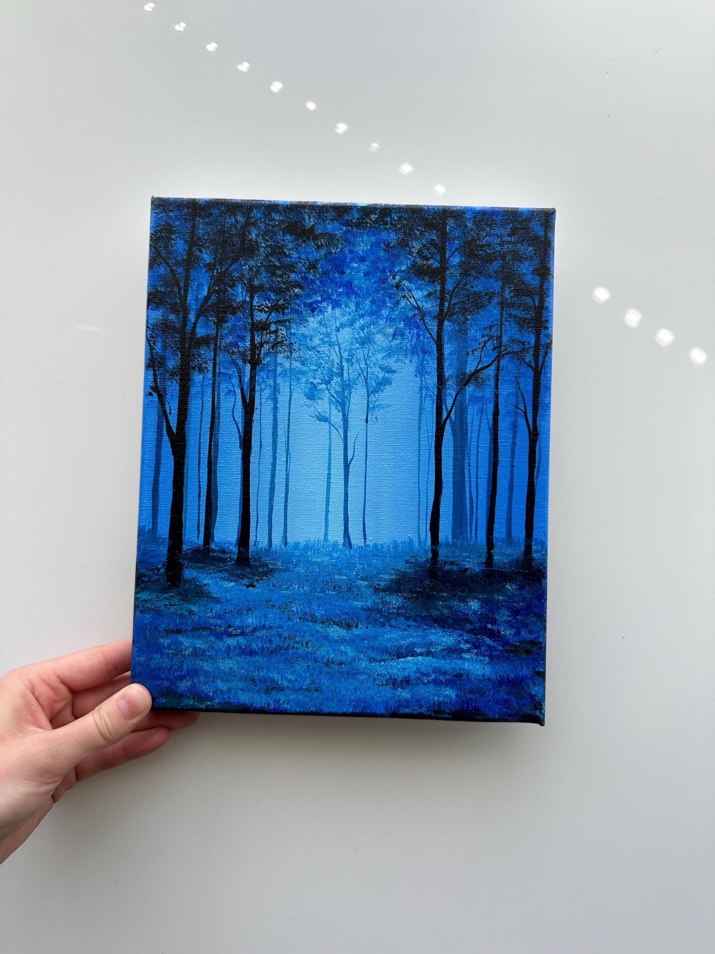 Mystic Blue Forest Glow – Original Acrylic Painting, 8×10 inch on Canvas